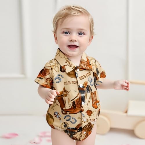 Newborn Baby Boy Western Clothes Button Down Short Sleeve Shirt Romper Lapel Collared Bodysuit Country Style Outfit2