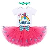 Rainbow Outfits for Baby Girl 1st Birthday Outfit Cake Smash Romper Tutu Skirt Floral Headband Photo Shoot First Birthday Party Supply Princess Halloween Cosplay Costume Toddler Dress Up Hot Pink 1T