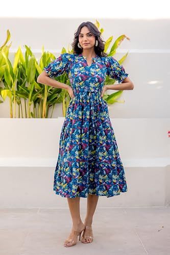 Image of LABEL ADRIJA Pure Cotton Calf Length Midi Dress for Women Floral Print | Flared Anarkali Dress Puff Sleeves