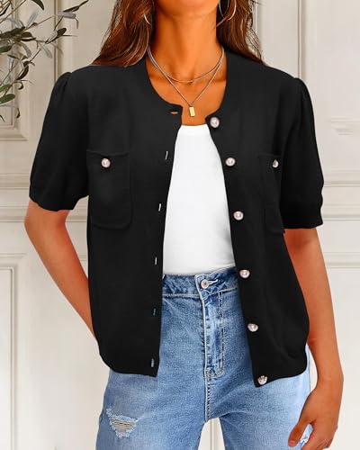 Newshows Womens Summer Cardigan Sweaters Lightweight Short Sleeve Button Down Shirts Ribbed Knit Blouse Tops 2024 Trendy2