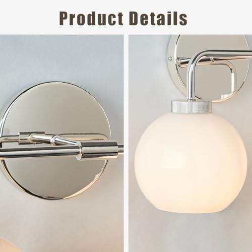 Image of 17 Inch Modern Glass Globe Double Sconce, Polished Chrome Metal Finish Wall Light for Bedroom, Hand-Polished Milky Glass Vanity Light Over Mirror, Elegant Light Fixtures for Indoor