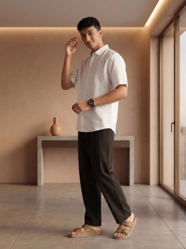 Image of SAADAA Men's 100% Cotton Pants | Mid-Rise Straight Fit Casual Trousers with Elastic Waistband and 3 Pockets | Everyday Wear