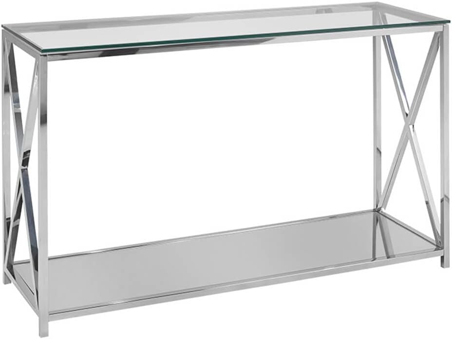 Uptown Club The Ellen Collection Polished Stainless Steel Frame, Tempered Glass Top and Mirrored Bottom Shelf, Modern Home Furniture for The Living Room, Coffee Table, Silver Console Table