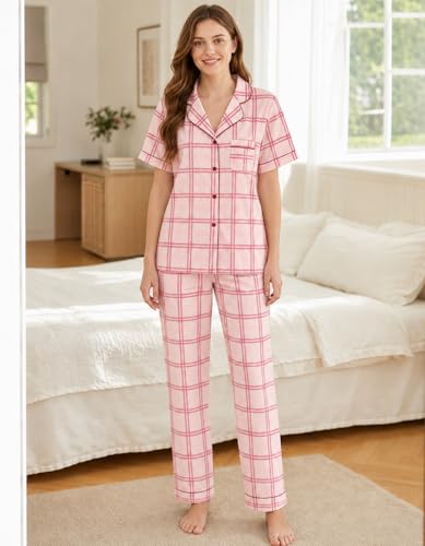 Image of NAP BOUND 100% Cotton Women Pajama Sets Button Down Short Sleeve Sleepwear Soft Pjs 2 Piece Lounge Set with Pocket XS-XXL