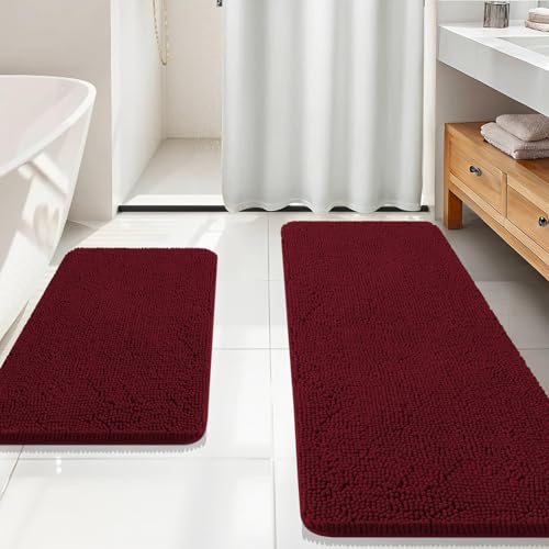 Image of OLANLY Bathroom Rugs Sets 2 Piece, Soft Absorbent Chenille Bath Mats Area Rug Set, Non-Slip, Quick Dry, Machine Washable Bath Mats for Bathroom, Home Decor Accessories (59 inchx20 inch+30 inchx20 inch, Burgundy)