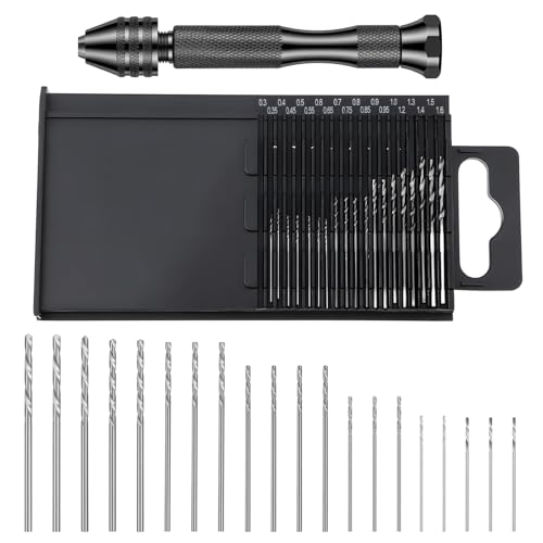 21PCS Metric Mini Micro Drill Bit Set, Carburetor Jet Drill Bits Pin Vise Set (0.5-1.6mm) Mini Jewelers Chuck Vice Hss Twist Drills Bits with Mini-Pin Vise & Plastic Case for Wood Jewelry DIY, Black