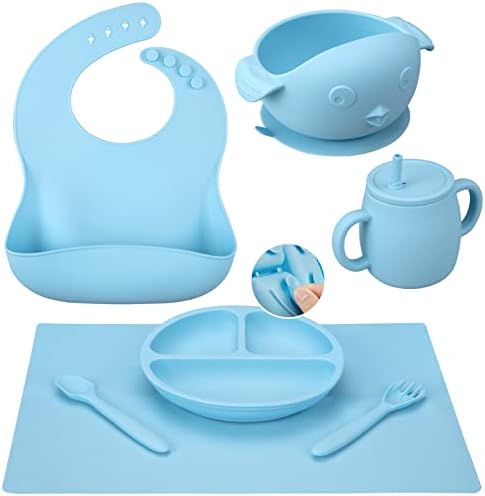 Cibeat Baby Led Weaning Supplies, 7 Pcs Silicone Toddler Feeding Utensils - Adjustable Bibs, Suction Divided Plate, Placemat, Spoon, Fork, Suction Bowls, Straw Sippy Cup - Aids Self Feeding Kit
