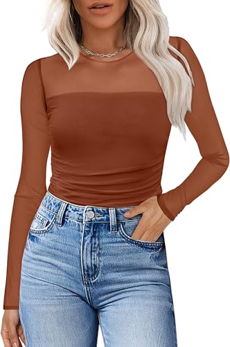 XIEERDUO Women's Sexy Sheer Long Sleeve Tops Crew Neck Mesh Ruche...