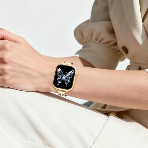 Image of AIRSPO Slim Gold Band Compatible with Apple Watch 38mm 40mm 41mm 42mm 44mm 45mm 46mm Women Thin Metal Strap Dressy Jewelry Bracelet with Bling Diamond for iWatch Bands Series 11 10 9 8 7 6 5 4 3 SE (Gold-02, 38mm /40mm /41mm /42mm(Series 10))