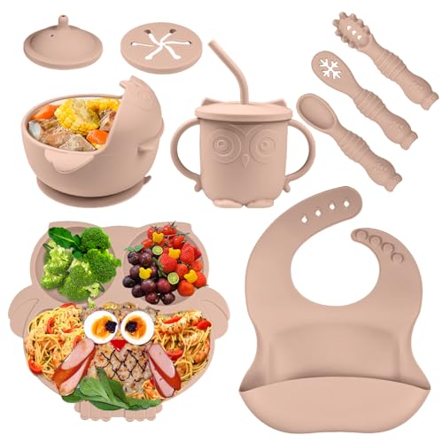 Bwaliffury 9 Pièces Coffret Repas Bebe Silicone, Set Vaisselle pour Bébé Silicone, Assiette Ventouse, Bavoir Bebe, Couvert Enfant et Tasse Apprentissage en Silicone sans BPA