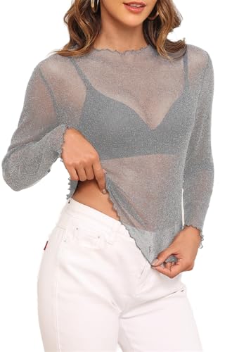YVH Womens Stretchy Glitter Sheer Mesh Blouse Tops Sexy T Shirt for Layering, Club, Concerts & Party, Silver XL