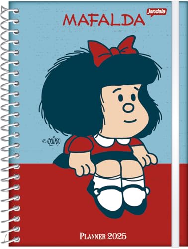 Jandaia - Agenda Planner Datada Capa Dura 160Pgs Mafalda 2025 Fundo Azul e Vermelho