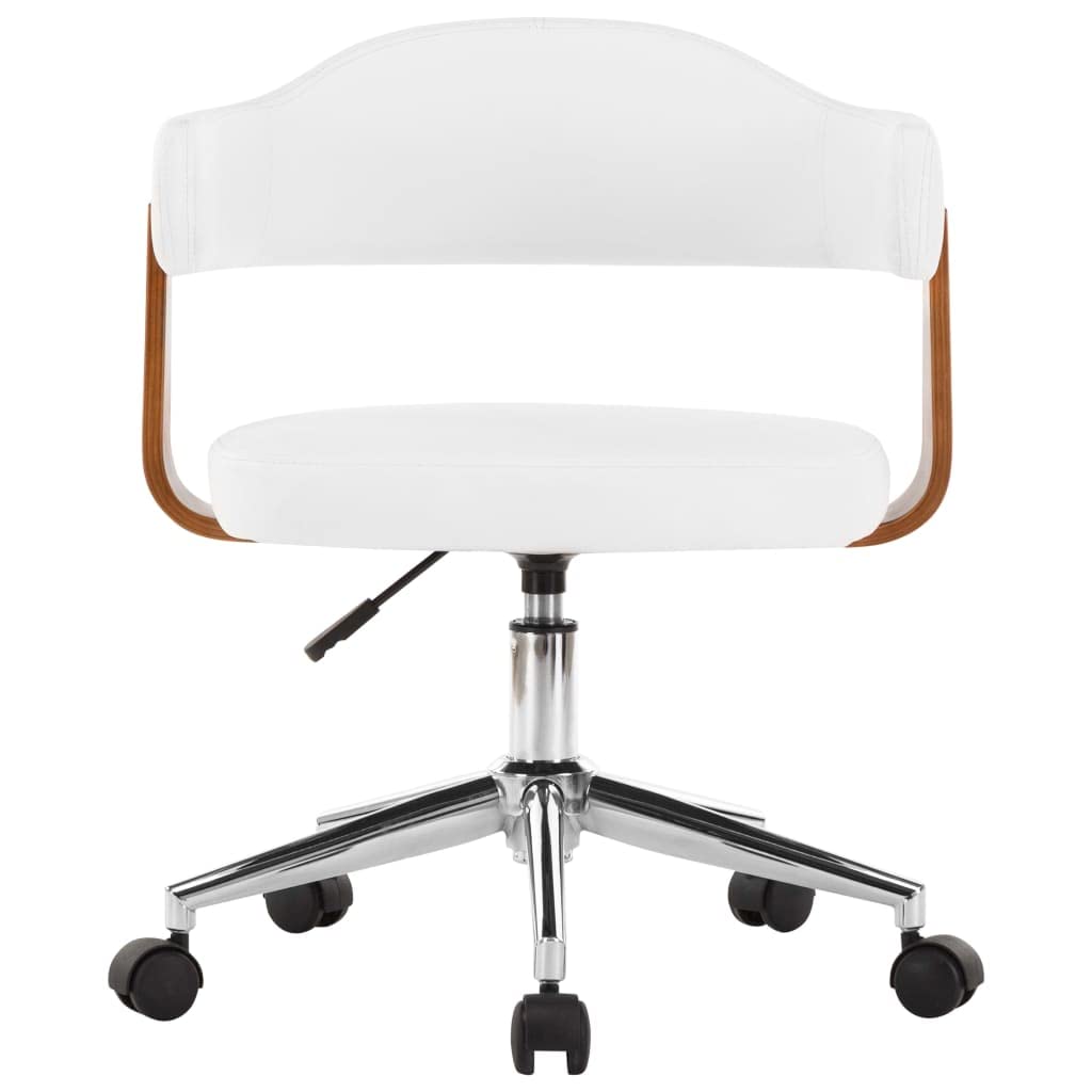 Silla de oficina giratoria de madera curvada blanca y piel sintética, silla de oficina de madera curva, color blanco, función giratoria de 360 grados, altura ajustable, silla de escritorio