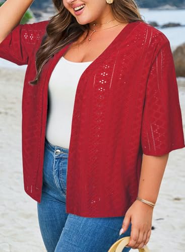 Image of Eytino Plus Size Cardigan for Women Half Sleeve Knitted Jacquard Summer Kimono Cover up Tops(1X-5X)