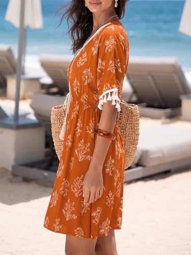 Image of CUPSHE Women Tassel Trim Summer Dress V Neck Lace Short Sleeve Paisley Boho Casual Sundress Holiday Beach Mini Dress