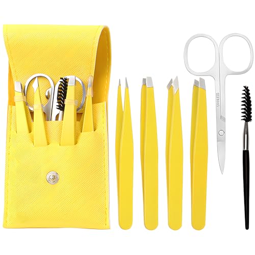 Eyebrow Tweezers for Men& Women, Ingrown Hair Plucker Kit for Facial Hair Removal, Precision Lash Tweezers Set with Brow Scissors, Spoolie, Slanted Tweezer, Pointed Tweezer-6 PCS
