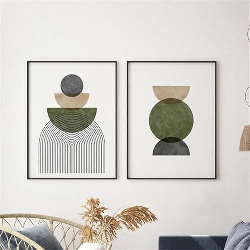 Affiches abstraites vertes mid-century : lot de 2 peintures sur toile idéales pour décorer le salon
