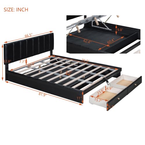 Queen-Size-Upholstered-Bed-with-Hydraulic-Storage-System-and-Drawer-Black Queen Size Upholstered Bed with Hydraulic Storage System and Drawer Black