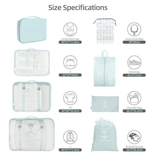 Image of 12Pcs Packing Travel Cubes for Suitcase Luggage Organizers with 5 Drawstring Bags,Suitcase Organiser Bag with Waterproof Shoe Storage Bag Compression Pouches