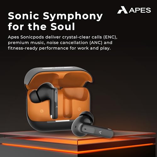 Image of APES SonicPods Wireless Bluetooth Earbuds, 13mm Drivers, 24Hrs Playtime, ANC and ENC (Black)