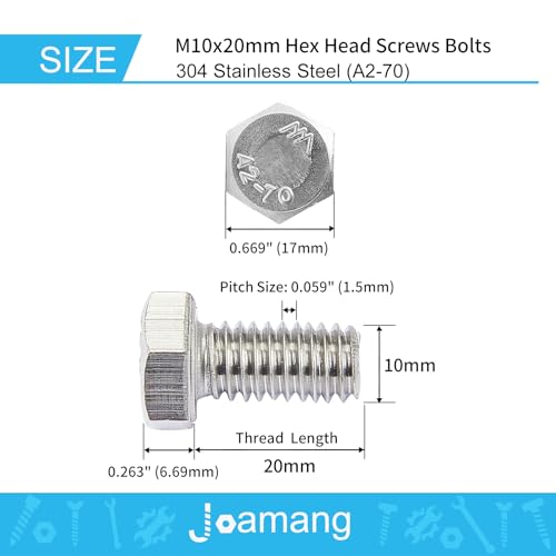 Image of M10-1.5 x 20mm 10Pcs Hex Bolts, Hexagon Head Screws, 304 Stainless Steel(A2-70), Metric Fully Thread, Bright Finish