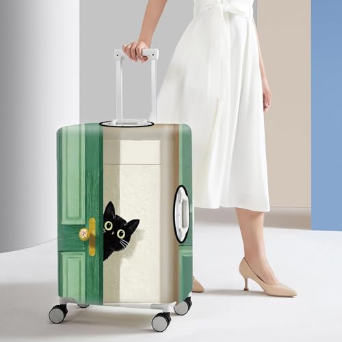 Image of Black Cat Peeking Door Luggage Cover - Stretchable Travel Suitcase Protector for 28-30 Inch Luggage - Whimsical Green Door and Beige Wall Design,L