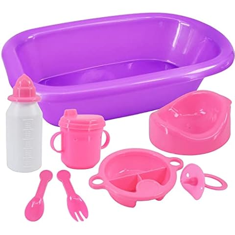 Bibi Doll Bath Feeding Set Baby Doll Accessories 8pcs Playset Bath, Potty, Milk Bottle, Sippy Cup, Dummy, Spoon, Fork, Plate Cover