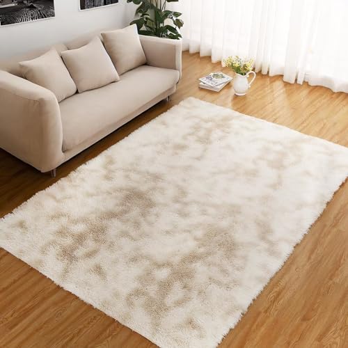 Zacoo Area Rugs 10x13 for Living Room Fluffy Shaggy Large Carpet Rug for Bedroom Indoor Modern Faux Fur Floorcover Mat Soft Non Slip Kids Rugs for Nursery Playroom Home Decor Rug, Tie Dye Light Taupe