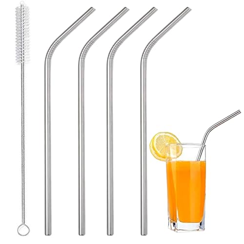 Pack of Four Stainless Steel Straws and Brush Set - Reusable Metal Milkshake Straws, Great for Smoothie, Water, Juice, Curved Silver Design
