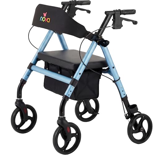 NOVA Vega Rollator Walker - Lightweight 18 lb Folding Mobility Walker 8 Wheels Adjustable Height Hand Brakes Padded Seat & Backrest Sky Blue