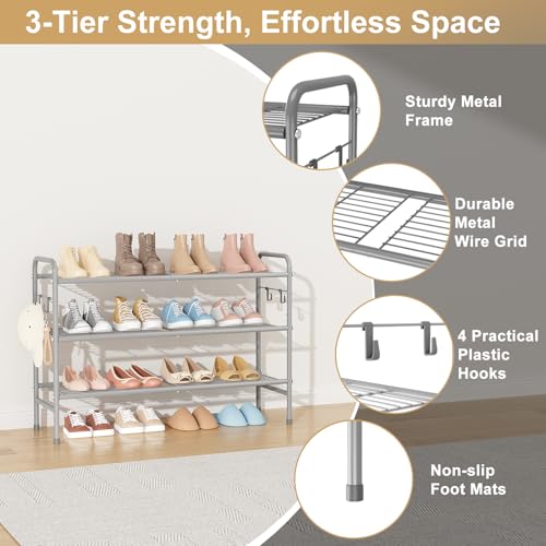 Image of VILICK 3 Tier Shoe Rack 33 inch Wide Metal Shoe Organizer Long Shoe Storage with 4 Side Hooks Sturdy Shoes Shelf for Front Door Entrance, Closet, Garage, Dorm, Grey