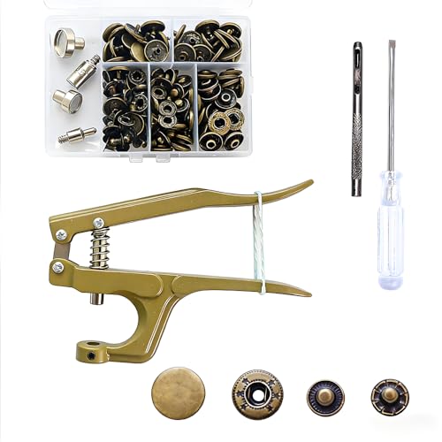 Druckknopf Set mit Zange 40set, Druckknöpfe mit Zange, 15mm Metall Druckknöpfes zum Schrauben, Druckknopfzange Ohne Nähen für Lederhandwerksjacke Handtasche Brieftasche DIY Kleidung