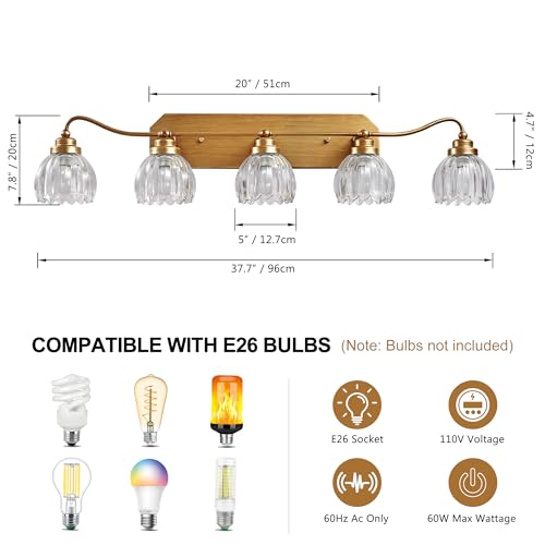 Image of Vintage Bathroom Light Fixtures, 5 Light Gold Bathroom Vanity Light, Matte Antique Brass Finish with Crystal Glass Shade, Wall Sconces Lighting for Bedroom, Living Room, Hallway