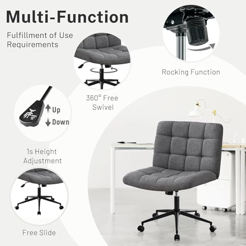Image of Nutech Decor Armless Office Desk Chair - Linen Fabric Padded Swivel Adjustable Home Office Chair with 360 Wheels, Wide Criss Cross for Desk, Living Room (ND-Linen-Darkgrey-Wheel)