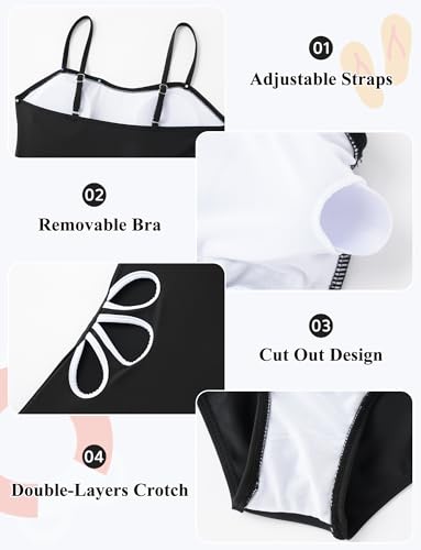 Girls Cut Out One Piece Swimsuit with Cover Up Skirt Bathing Suit Swimwear 7-16 Years4