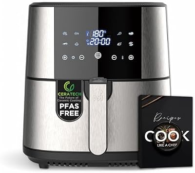 MasterPRO ROCKET 600 - Freidora de aire caliente 6L SIN PFAS 1800W 6L con Revestimiento Cerámico CERATECH - Pantalla táctil LED - Termostato desde 80-200°C - Cesta extraíble - Carcasa Acero Inoxidable
