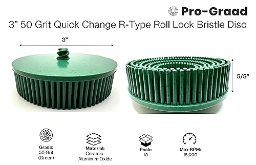 Image of 10 Pack 3 inch 50 Grit Green R-Type Bristle Disc | Ceramic-Aluminum Oxide Abrasive Bristle Disc with Quick Change Roll Lock | Pack of 10 | Green