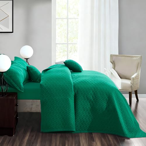 Image of Oversized King Bedspread 128x120 Extra Wide, Diamond Geometric Quilt Set King /Cal King, Lightweight Reversible Coverlet, Straight Edge - Rich Contemporary Look, 5 Piece, Green