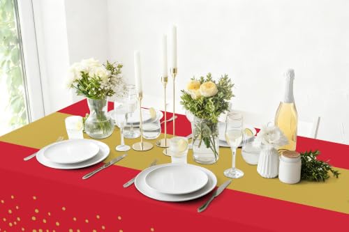 Image of Smiry Plastic Table Cloth Disposable 8 Pack, 54 x 108 Inch Rectangle Waterproof Tablecloth, Printed Gold Table Runner Style for Birthday Weeding, Party Decorations, Leakproof & Sturdy, Gold and Red