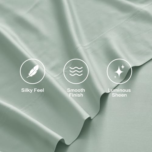 Image of Andency Sateen Sheets Set, 100% Viscose Derived from Bamboo, Hotel Luxury Silky & Cooling for Hot Sleepers, Deep Pocket Up to 16 inch, Sateen Green King