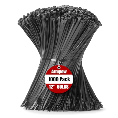 Image of Armpow 12 Inch Zip Ties Black 1000 PCS, 60 Lbs- Heavy Duty Tensile Strength, Nylon PA66 UV Resistant Cable Ties for Indoor and Outdoor Use - Ideal for object bundling and fastening