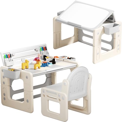 Toddler Table and Chair Set 4 in 1 Activity Table with 100 pcs Building Block Kids Drawing Table Learning Table with Adjustable Height Kids Table and Chair Set for Boys Girls Gray