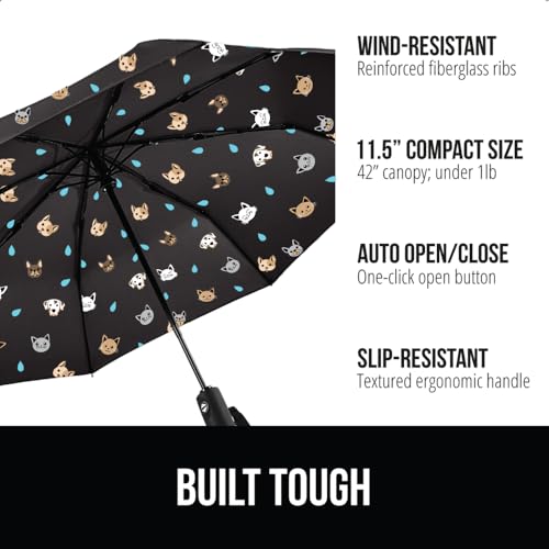 Image of GORILLA GRIP Compact Travel Size Umbrella for Rain, Sleek Design Fits Backpack, Purse and Carry On, Lightweight Under 1lb, One Click Open and Close, Wind Resistant, Durable Waterproof, Cats Dogs