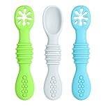 Vicloon Baby Fork and Spoon Set, 3Pcs Silicone Spoon Baby Weaning Spoon Set Self Feeding Utensil Easy Grip Toddler Cutlery Kit, Soft Baby Spoon for Infant Toddler (Blue/Green/Grey)