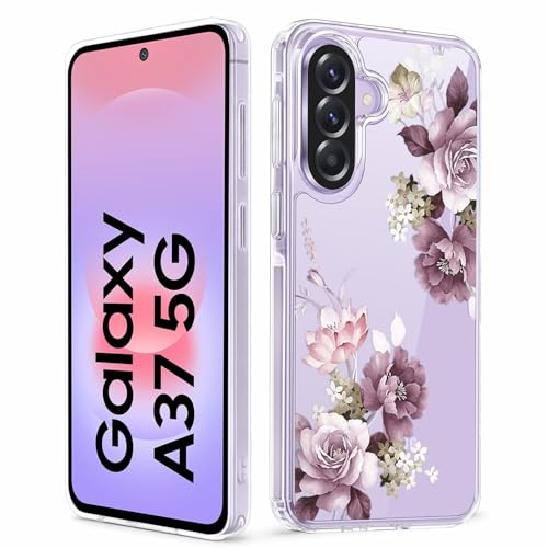Image of Elzzi Clear Transparent Flower Cover for Samsung A37 5g Case Shockproof Case Floral Design Full Camera Protection Shockproof PC+TPU Covers for Girls & Women (Deep Purple)
