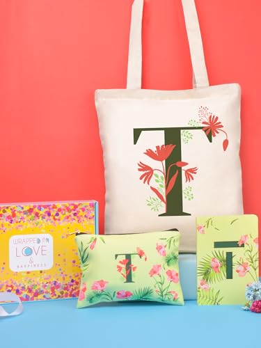 Image of DOODLE Monogram T Diary Gift Set - B6 Soft Bound Ruled Notebook with Tote Bag & Zipper Pouch - Premium Stationery Gift for Women & Girls