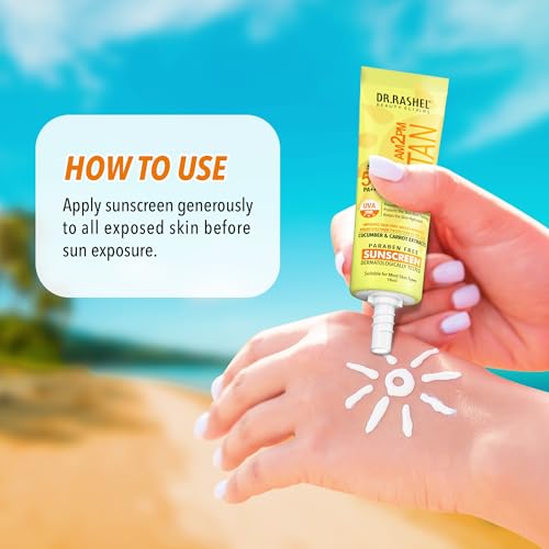 Image of DR.RASHEL DE-TAN SUNSCREEN SPF 50 PA+++ SKIN HYDRATING, PROVIDES LONG-LASTING PROTECTION WITH CUCUMBER & CARROT EXTRACT, Paraben free, All skin Type, 18ml
