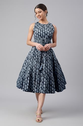 Image of Janasya Women's Cotton Floral Block Print Tiered Western Dress