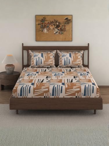 Image of Florida Brown Abstract Geometric Printed Double Bedsheet with 2 Pillow Covers, 150 TC Polycotton Bed Sheet (228 x 245 cm)