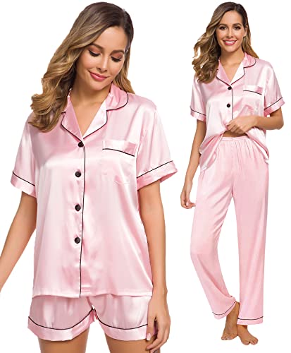 SWOMOG Womens Satin Pyjama Sets Ladies Silk Nightwear 3 Piece Short Sleeve Pj Set Button Down Sleepwear Set Loungewear - Image 3